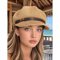 Women's Breathable Straw Newsboy Cap - Lightweight Summer Beach Hat with Faux Leather Buckle for Casual Travel Sun Protection