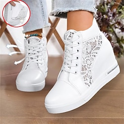 Women's Breathable Wedge Sneakers with Lace Panel - Comfortable Lace-Up High-Top Shoes for Casual Outings and Summer Wear
