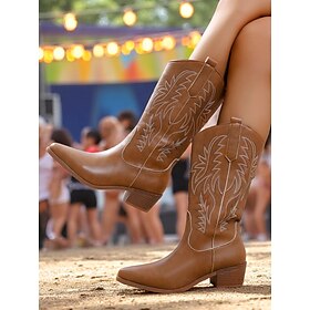 Women's Brown Bohemian Western Cowboy Boots - Classic Stitching with Block Heel for Music Festivals, Casual Outdoor Wear