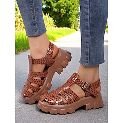 Women's Brown Chunky Gladiator Sandals - Retro Croc Embossed Open-Toe Platform Shoes for Ladies, Perfect for Outdoor Adventures, Festivals and Weekend Style