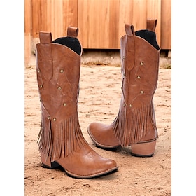 Women's Brown Faux Leather Western Cowboy Boots with Fringe Detailing for Casual Wear