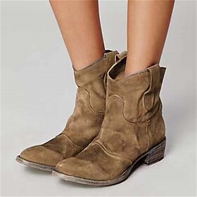 Women's Brown Faux Suede Western Ankle Boots - Vintage-Style Low Heel Cowboy Boots for Casual Outfits