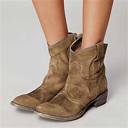 Women's Brown Faux Suede Western Ankle Boots - Vintage-Style Low Heel Cowboy Boots for Casual Outfits