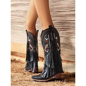 Women's Brown Fringe Western Cowboy Boots with Tribal Patterns - Fashionable Faux Leather Riding Boots for Casual Wear and Country-Themed Events