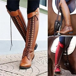 Women's Brown Knee-High Lace-Up Boots - Vintage Style Faux Leather Riding Boots for Fall and Winter