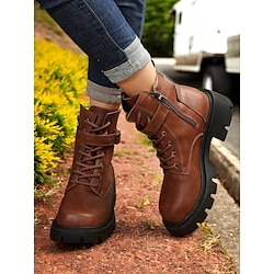 Women's Brown Lace-Up Combat Boots with Side Zipper and Chunky Lug Sole - Stylish Outdoor Ankle Boots for Fall, Winter, and Casual Streetwear