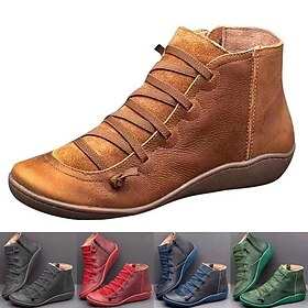 Women's Brown Leather Casual Ankle Boots with Zipper and Lace-Up Design - Comfortable and Lightweight for Everyday Wear