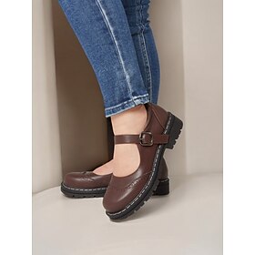 Women's Brown Mary Jane Shoes with Brogue Detailing, Buckle Strap, and Chunky Non-Slip Sole - Retro Casual Footwear for Everyday Wear