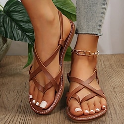Women's Brown Strappy Flat Sandals with Cross-Band Design - Comfortable and Stylish Summer Shoes for Casual Outings and Beachwear
