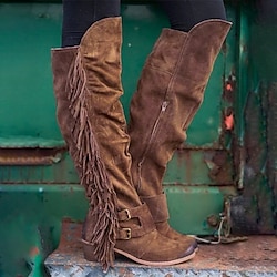 Women's Brown Suede Fringe Knee-High Boots with Buckle Straps - Western Style for Festivals, Casual Outings, and Outdoor Adventures