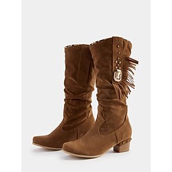 Women's Brown Suede Fringe Mid-Calf Boots with Studded Details - Western Cowboy Boots for Fall and Winter