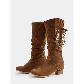 Women's Brown Suede Fringe Mid-Calf Boots with Studded Details - Western Cowboy Boots for Fall and Winter