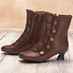 Women's Brown Vintage Victorian Lace-Up Ankle Boots with Button Details and Mid Heel for Cosplay, Historical Reenactments, and Everyday Wear