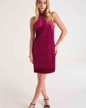 Womens Burgundy Glitter Halter Dress