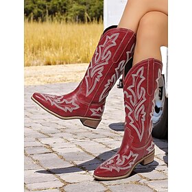 Women's Burgundy Western Cowboy Boots - Embroidered Faux Leather Mid-Calf Boots for Festivals, Rodeo, and Country Style Outfits