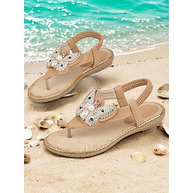 Women's Butterfly Rhinestone Flat Sandals - Elegant Beach Flip-Flops with Pearl Embellishment for Summer Vacation