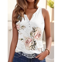 Women's Camisole Tank Top Basic Floral Buttons Print Sleeveless Regular Tops V Neck Casual Holiday Light Green Pink Fuchsia Green Light Blue