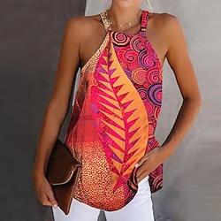 Women's Camisole Tank Top Boho Red Leaf Print Graphic Halter Neck Sleeveless Tank Ethnic Summer Stylish Casual Camisole Tank Top