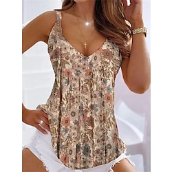 Women's Camisole Tank Top Going Out Tops Summer Tops Tunic Basic Floral Print Sleeveless Regular Tops V Neck Casual Weekend White Pink Brown Light Blue