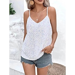 Women's Camisole Tank Top Solid Color Basic Casual Sleeveless Strap Regular Tops Daily Sequins Black White Summer Spring