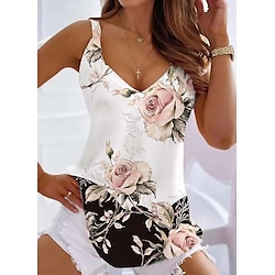Women's Camisole Tank Top Tunic Basic Floral Print Sleeveless Regular Tops V Neck Casual Holiday Black White Yellow Blue