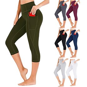 Women's Capri Leggings Side Pockets Tummy Control Butt Lift High Waist Yoga Fitness Gym Workout Bottoms Black White Burgundy Spandex Sports Activewear High Ela