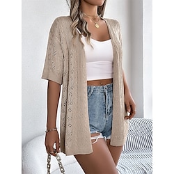 Women's Cardigan Vacation Daily Casual Pure Color Ribbed V Neck Hollow Out Knitted Short Sleeves Regular Tops Knit Outdoor Daily Weekend White Pink Summer Spring