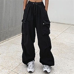 Women's Cargo parachutepants Wide Leg Trousers Baggy Full Length Baggy Micro-elastic High Waist Fashion Casual Daily ArmyGreen Black S M Spring Fall
