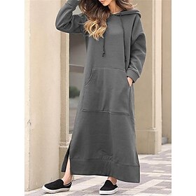 Women's Casual Dress Hoodie Dress Long Dress Maxi Dress Daily Basic Outdoor Vacation Going out V Neck Pocket Solid Color Regular Fit Black Burgundy Blue S M L