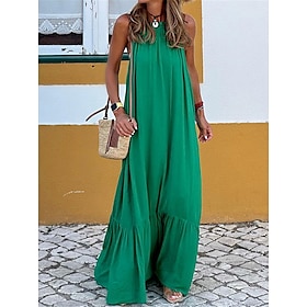 Women's Casual Dress Long Dress Maxi Dress Ruched Vacation Beach Streetwear Maxi Halter Neck Sleeveless Black Red Green Color