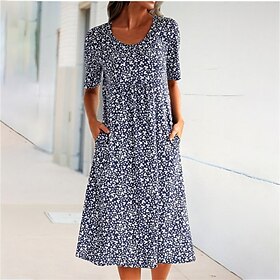 Women's Casual Dress Shift Dress Midi Dress Black Blue Yellow Short Sleeve Polka Dot Pocket Spring Summer Crew Neck S M L XL XXL 3XL