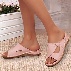 Women's Casual Pink Open-Toe Slip-On Sandals with Bow Accent - Lightweight Summer Flats for Everyday Wear