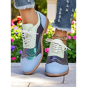 Women's Colorblock Wingtip Oxford Shoes 1950s Retro Lace-Up Brogues with Iridescent Panels for Casual Outings and Vintage-Inspired Street Style