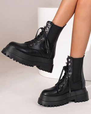 Women's Combat Boots Black Round Toe Platform Chunky Heel Ankle Boots