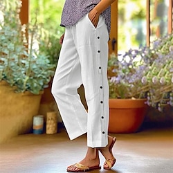 Women's Cotton Linen Pants Cropped Pants Fashion Casual Ankle-Length Mid Waist Plain Elastic Waist Breathable Comfortable Street Daily Wear Going out Black White Navy Blue Sky Blue Summer Regular Fit