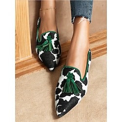 Women's Cow Print Tassel Loafers with Green Trim - Stylish Slip-On Dress Shoes for Casual and Formal Occasions