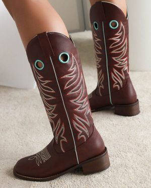 Women's Cowboy Boots Brown Round Toe Mid Calf Boots Cowgirl Wedding Shoes
