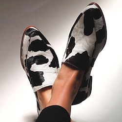 Women's Cowhide Pattern Faux Leather Loafers - Stylish Black White Slip-On Flats for Casual and Office Wear