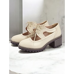 Women's Cream Lace-Up Oxford Shoes with Cut-Out Design and Chunky Sole - Vintage Casual Footwear for Everyday Wear