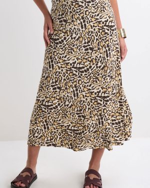 Womens Cream Leopard Print Linen Blend Midi Skirt