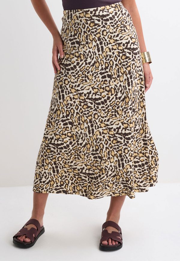 Womens Cream Leopard Print Linen Blend Midi Skirt