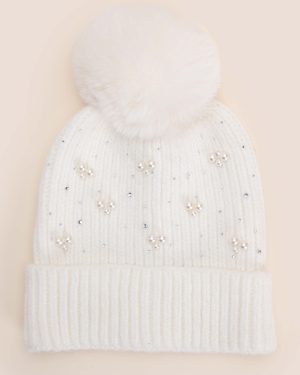 Womens Cream Pearl Embellished Bobble Beanie Hat