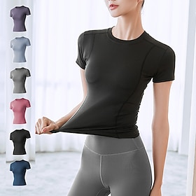 Women's Crew Neck Yoga Top Mesh Solid Color Black Pink Yoga Fitness Running Tee Tshirt Top Short Sleeve Sport Activewear Breathable Quick Dry Lightweight Stret
