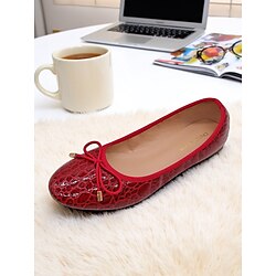 Women's Croc Embossed Faux Leather Ballet Flats - Red Bow Detail Flats for Office Deskside and Commuting Comfort