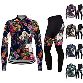 Women's Cycling Jersey with Tights Long Sleeve Mountain Bike MTB Road Bike Cycling Black Blue Purple Graphic Floral Botanical Bike Clothing Suit Thermal Warm 3