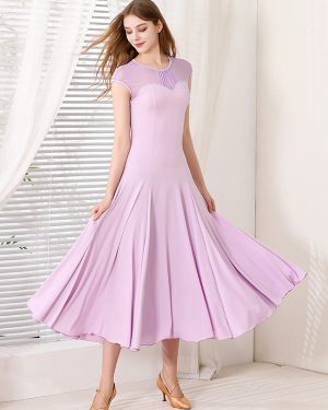 Womens Dance Dress Mesh Round Collar Short Sleeves Pleated Skirt Ballroom Dance Costumes