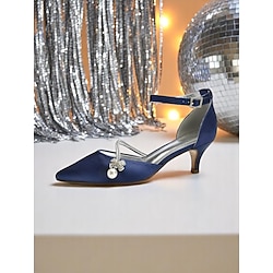 Women's Dark Blue Satin Kitten Heels with Pearl and Rhinestone Charm - Chic Cocktail Party Shoes for Elegant Evenings and Formal Events