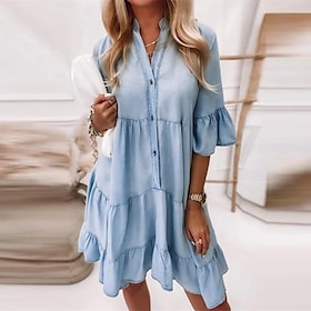 Women's Denim Dress Casual Dress Denim Shirt Dress Midi Dress Denim Casual Outdoor Daily Vacation Shirt Collar Button Half Sleeve Summer Spring 2023 Loose Fit