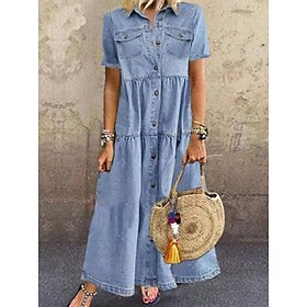 Women's Denim Dress Maxi Dress Button Pocket Casual Shirt Collar Long Sleeve Black Blue Sky Blue Color