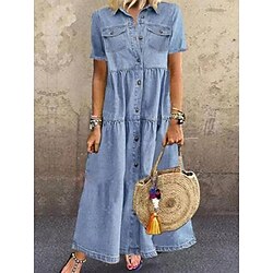 Women's Denim Dress Maxi Dress Button Pocket Casual Shirt Collar Long Sleeve Black Blue Sky Blue Color